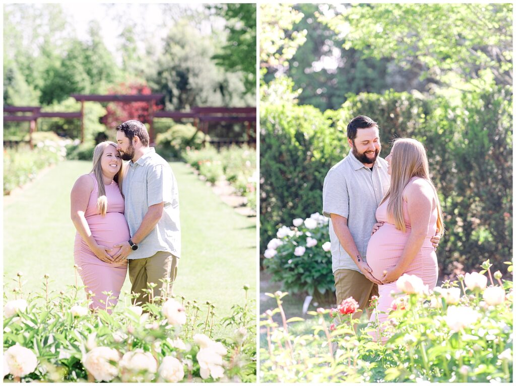 maternity photo of couple in peony garden